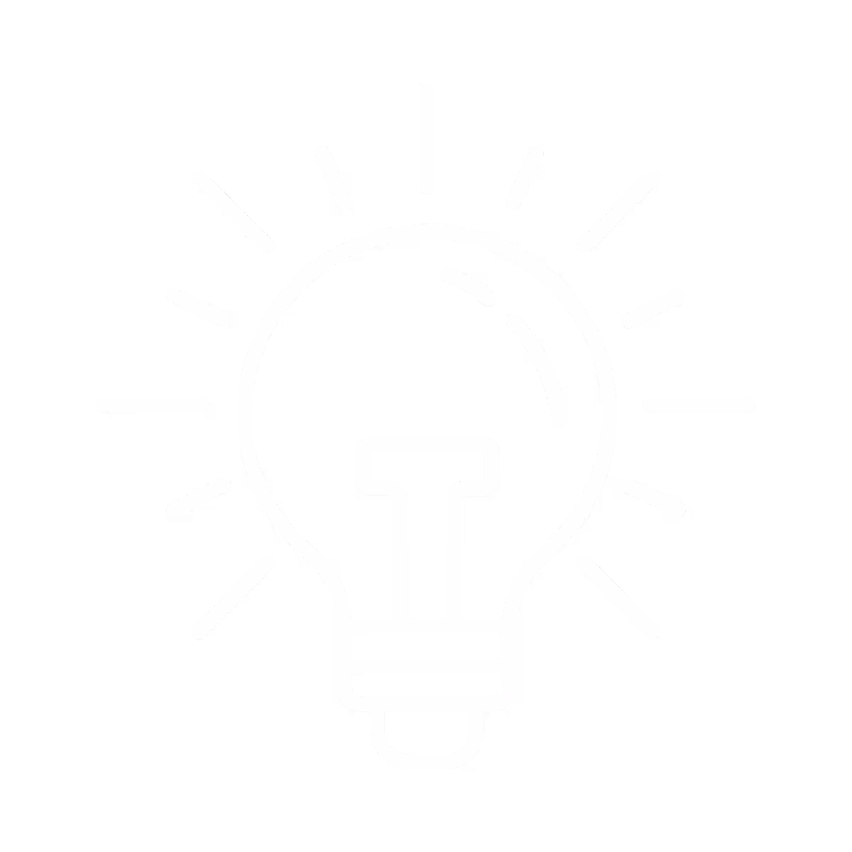 Simple white line drawing of a light bulb with rays around it indicating it is lit, on a black background.