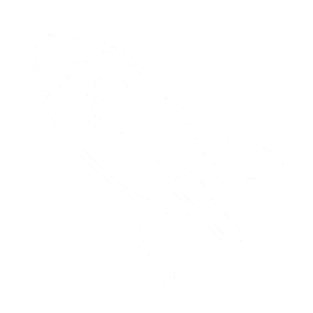 White line drawing of a rocket ship with a circular window containing a magnifying glass icon inside, on a black background.