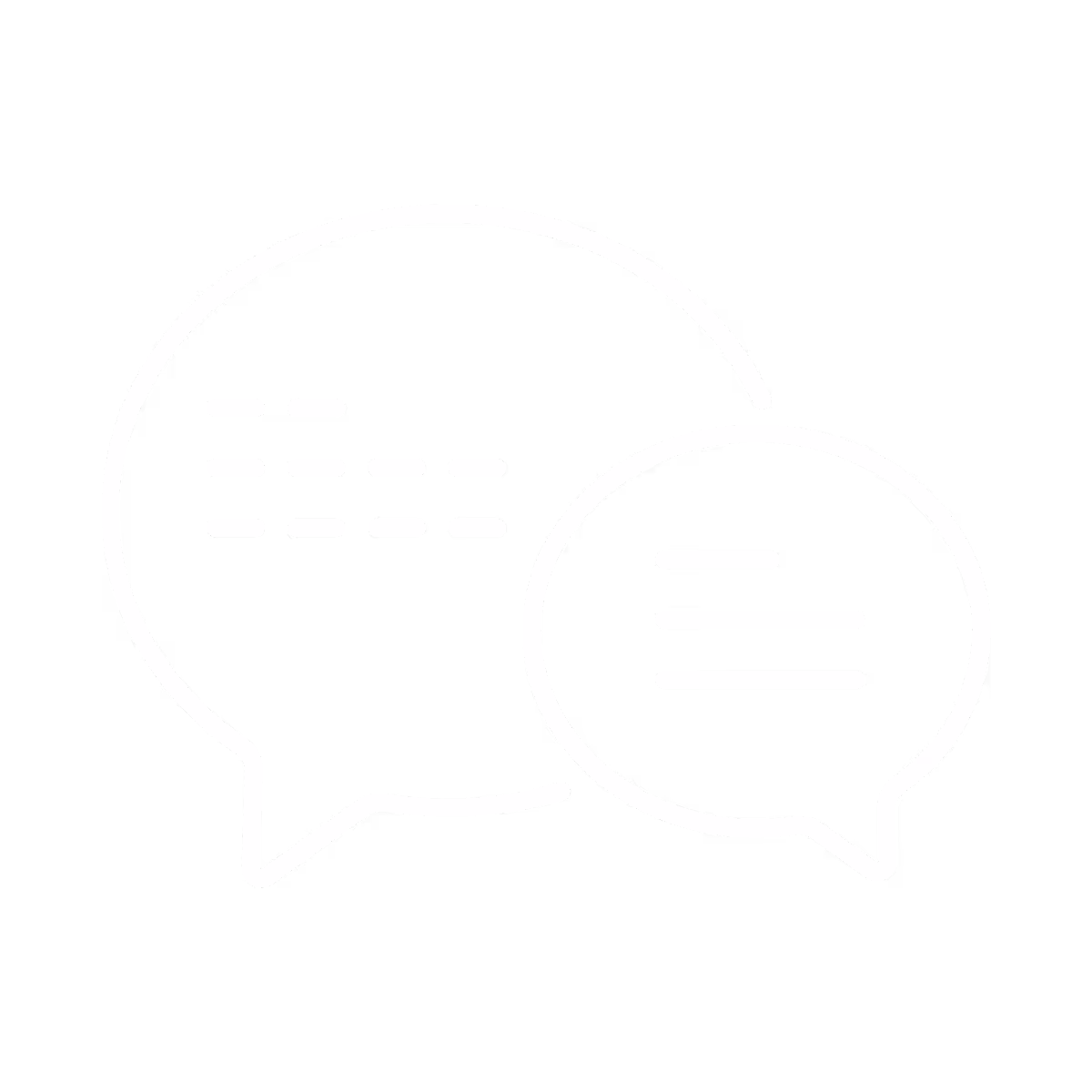 Two overlapping speech bubbles with white outlines on a black background, symbolizing chat or communication.