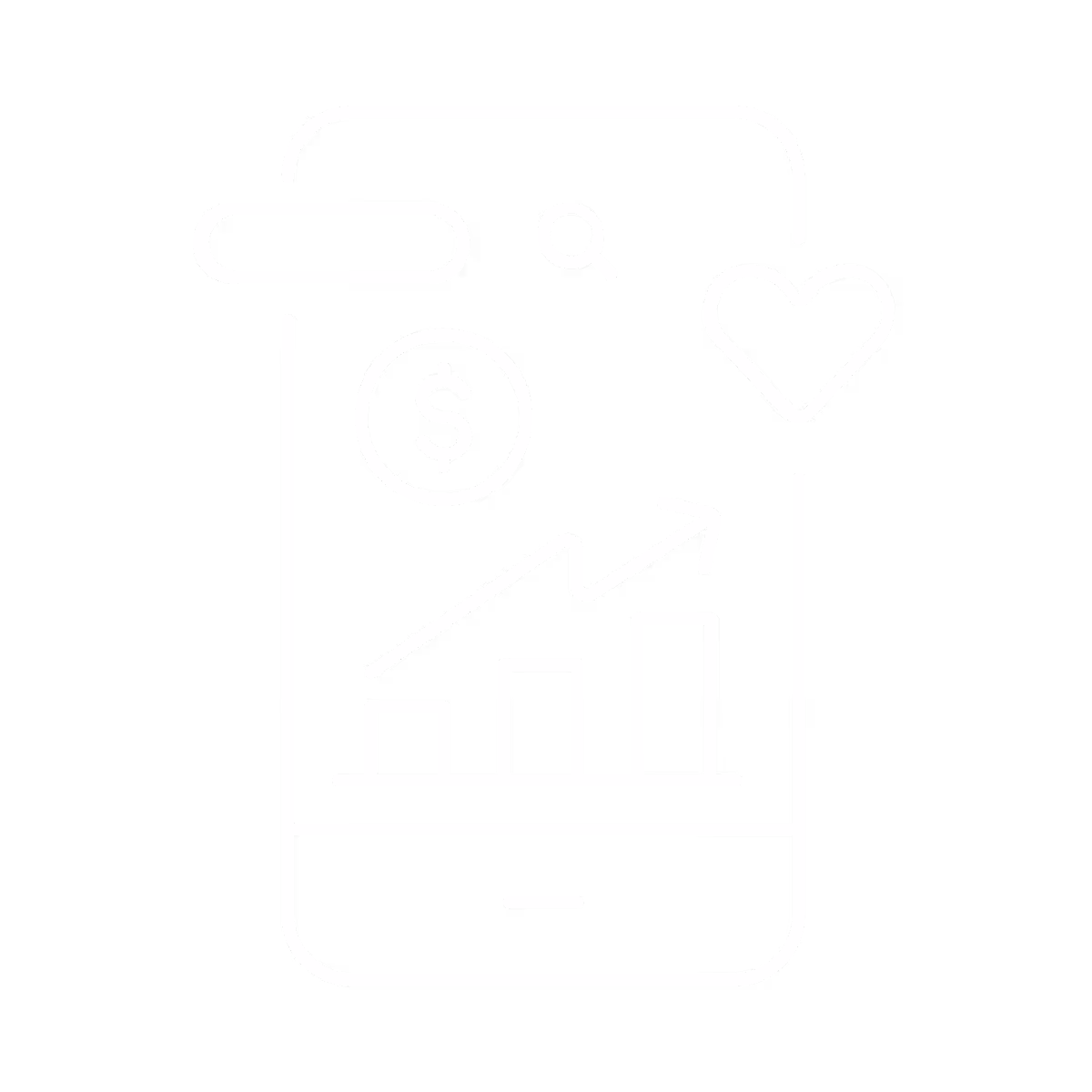 White line icon of a smartphone displaying a rising bar chart with an upward arrow, a dollar sign coin, and a heart symbol on a black background.