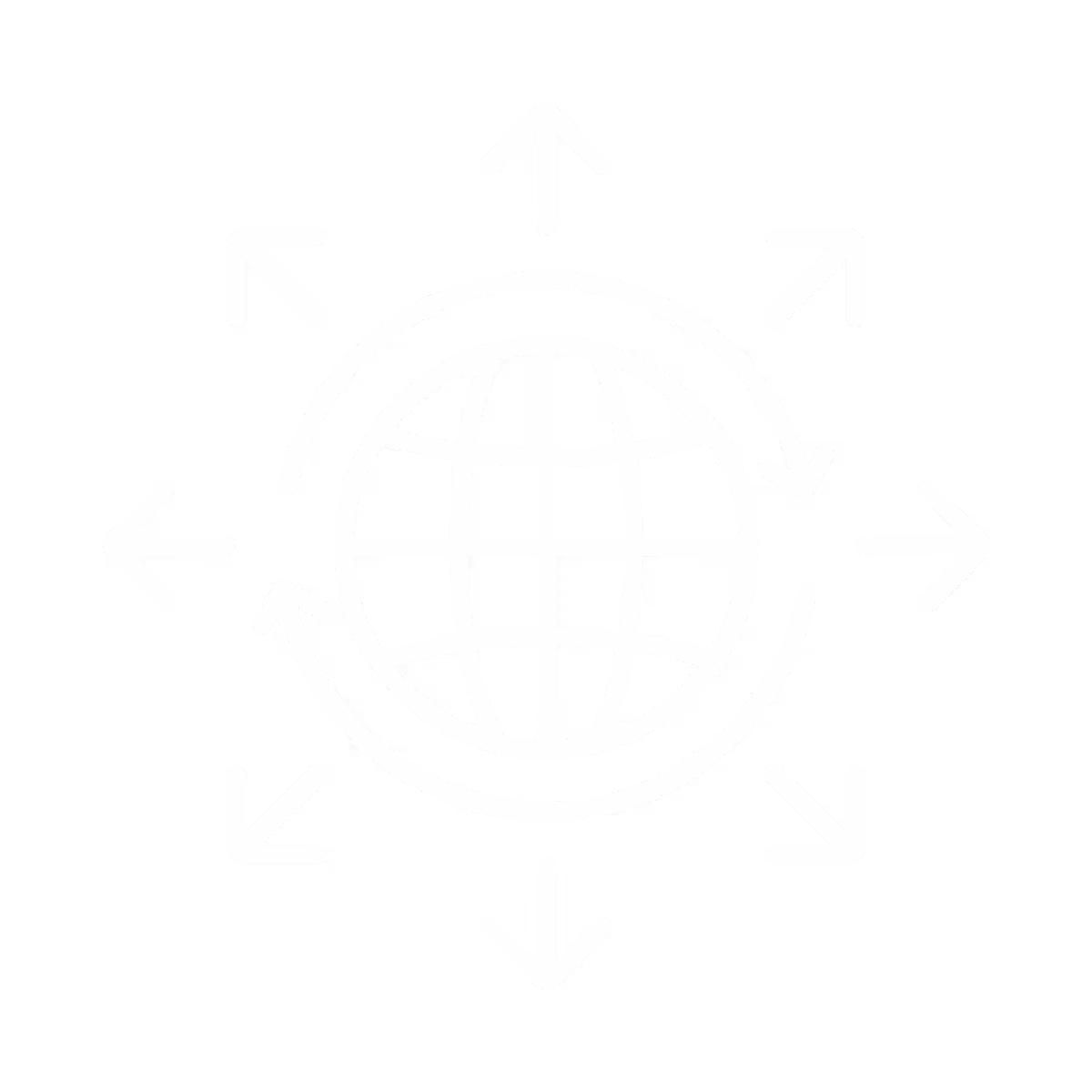 White globe with latitude and longitude lines surrounded by circular arrow and outward pointing arrows in all directions on a black background, symbolizing worldwide connectivity or global network.