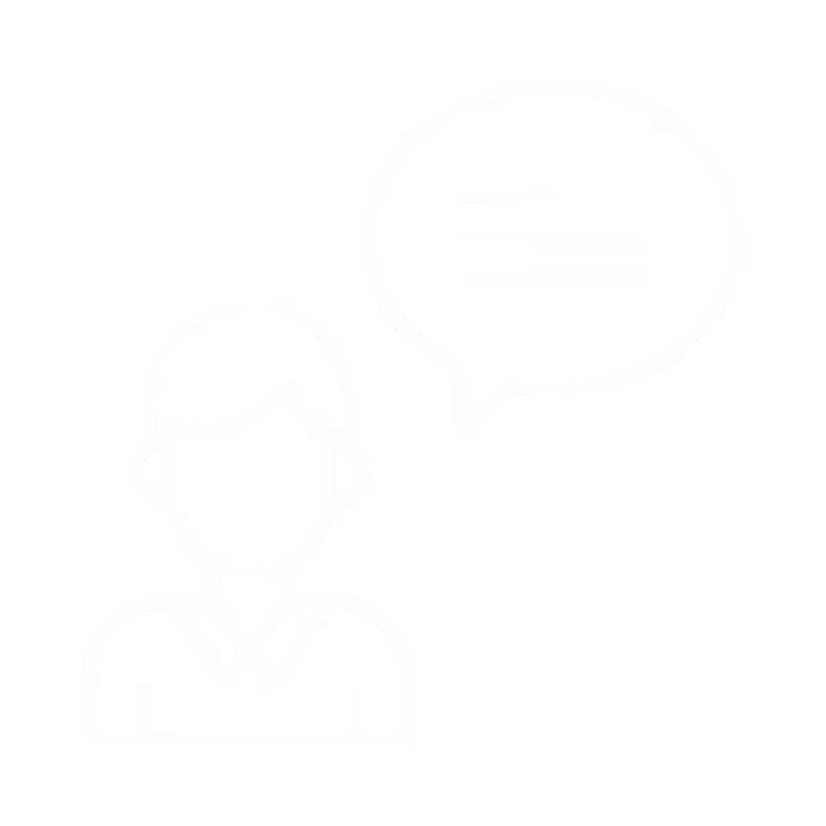 Outline icon of a person with short hair wearing a collared shirt and a speech bubble with horizontal lines indicating text to the right.