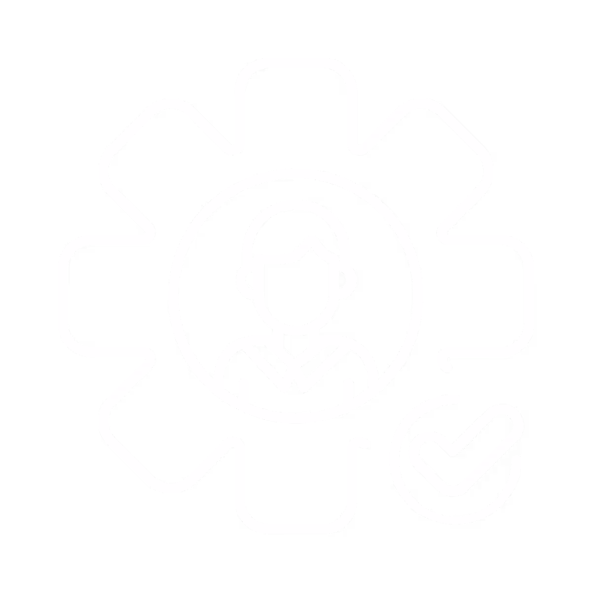White line icon of a person inside a gear with a checkmark symbol at the bottom right, representing user settings or account approval.