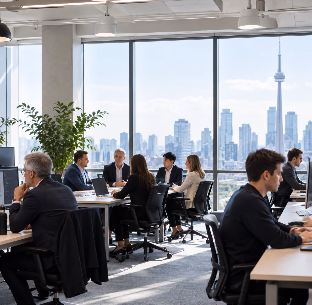 Modern office with large windows showing a city skyline including a tall tower, featuring several people working at desks and a group in a meeting.