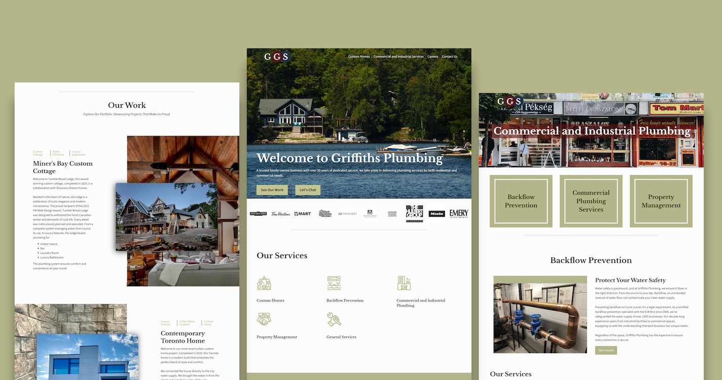 Three Pages from Griffiths Plumbing's Website - featuring images of past luxury renovations, and specialized services