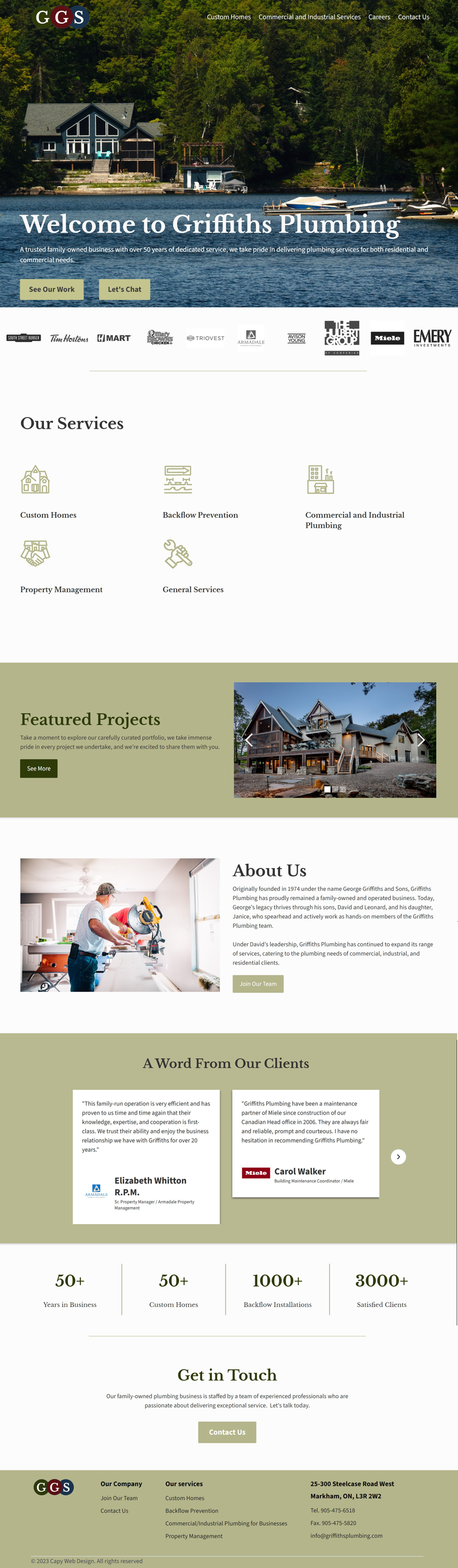 Griffith's Plumbing's new site. Design features large, high resolution images of properties they worked on with a friendly, modern layout.