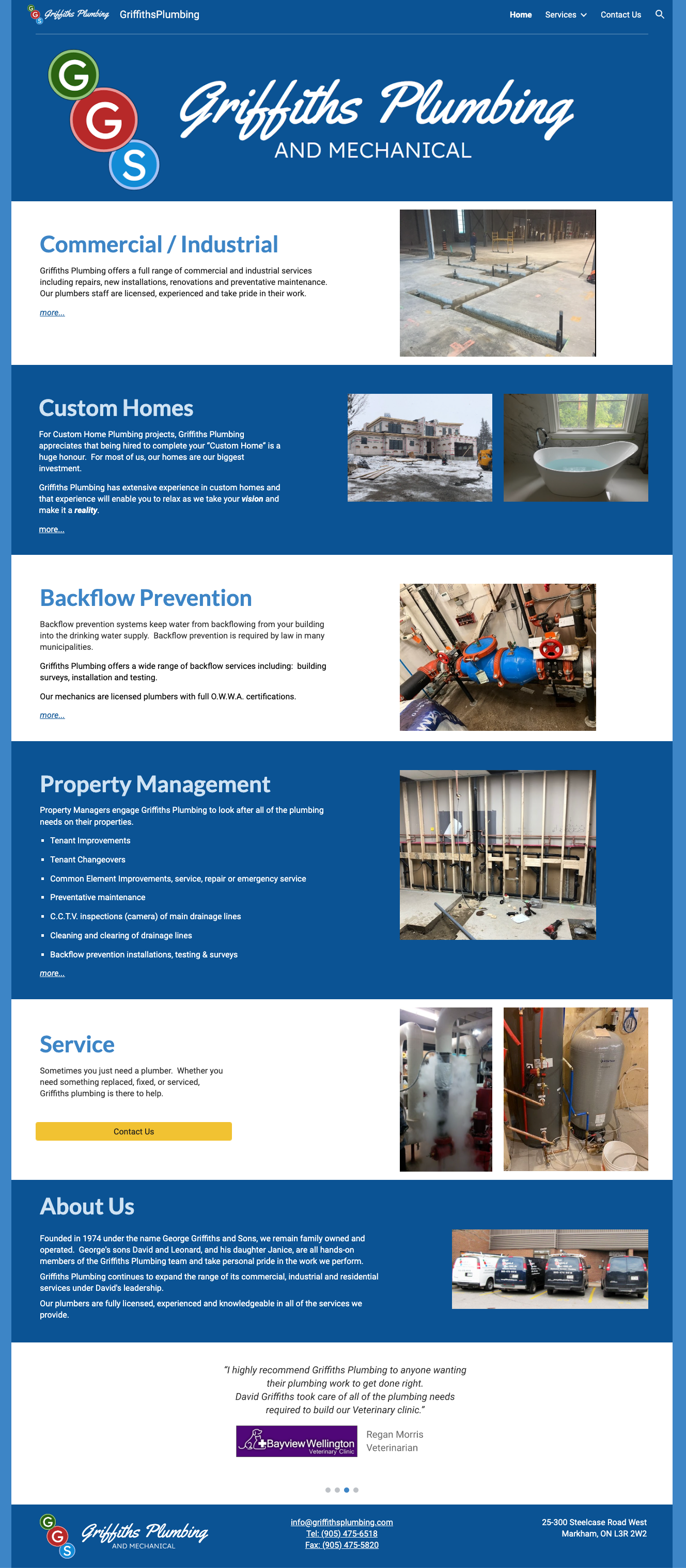 Griffiths Plumbing's old site. Design is bright blue and high contrast. All information is presented in paragraph format.