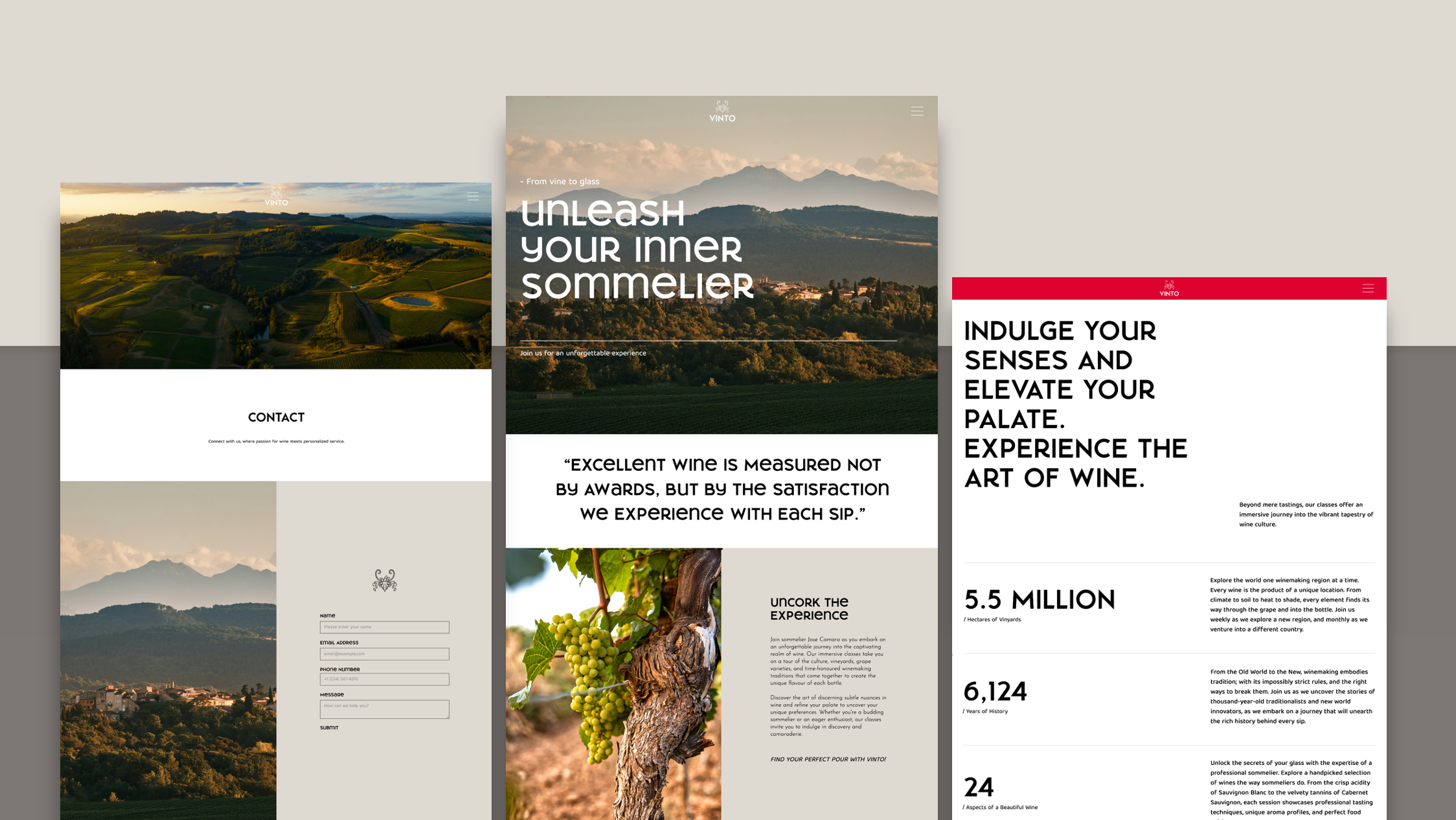 three screenshots from vinto's website - the designs are classy, and bold featuring sweeping landscapes and distinctive typography.
