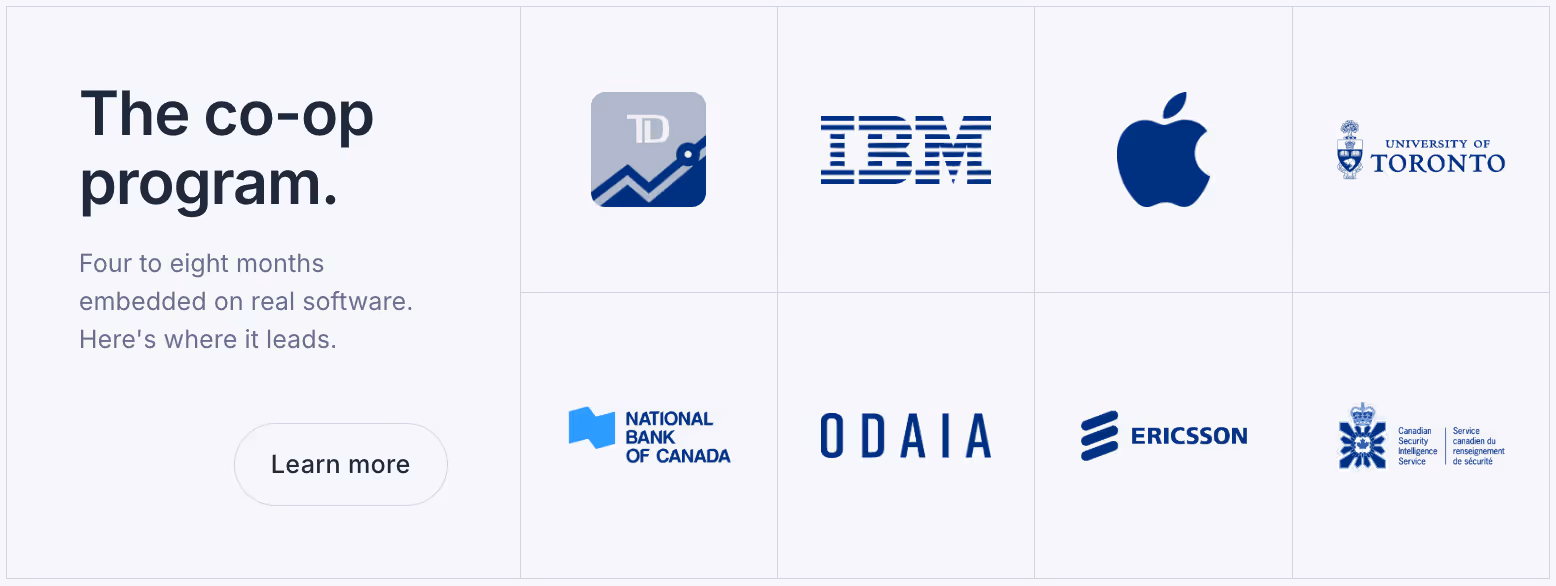 Co-op program text with logos of TD, IBM, Apple, U of Toronto, National Bank of Canada, ODAIA, Ericsson, CSIS.