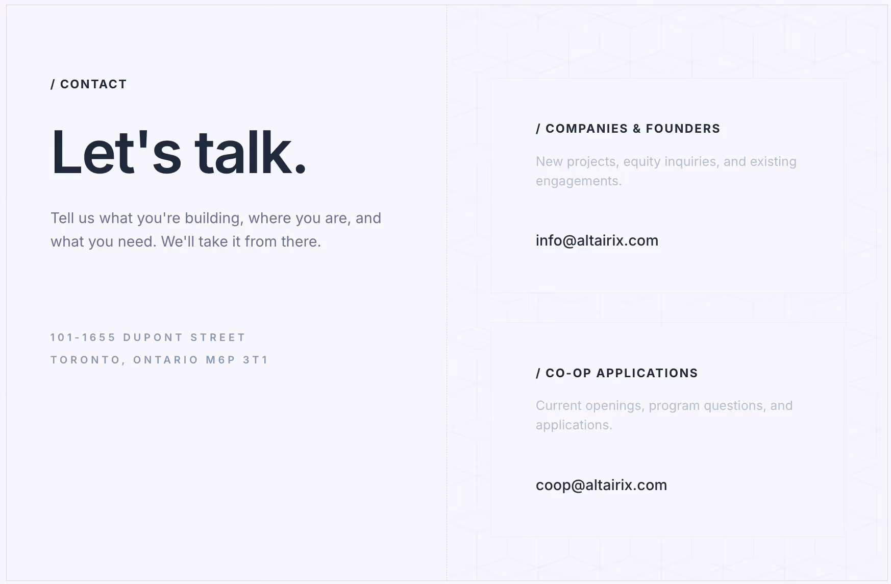 Contact section with address and email info for companies, founders, and co-op applications.