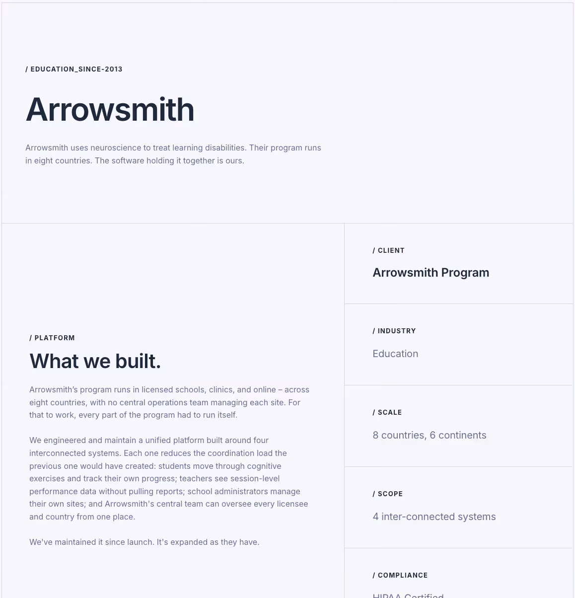 Arrowsmith uses neuroscience to treat learning disabilities with a platform across 8 countries and 4 interconnected systems.