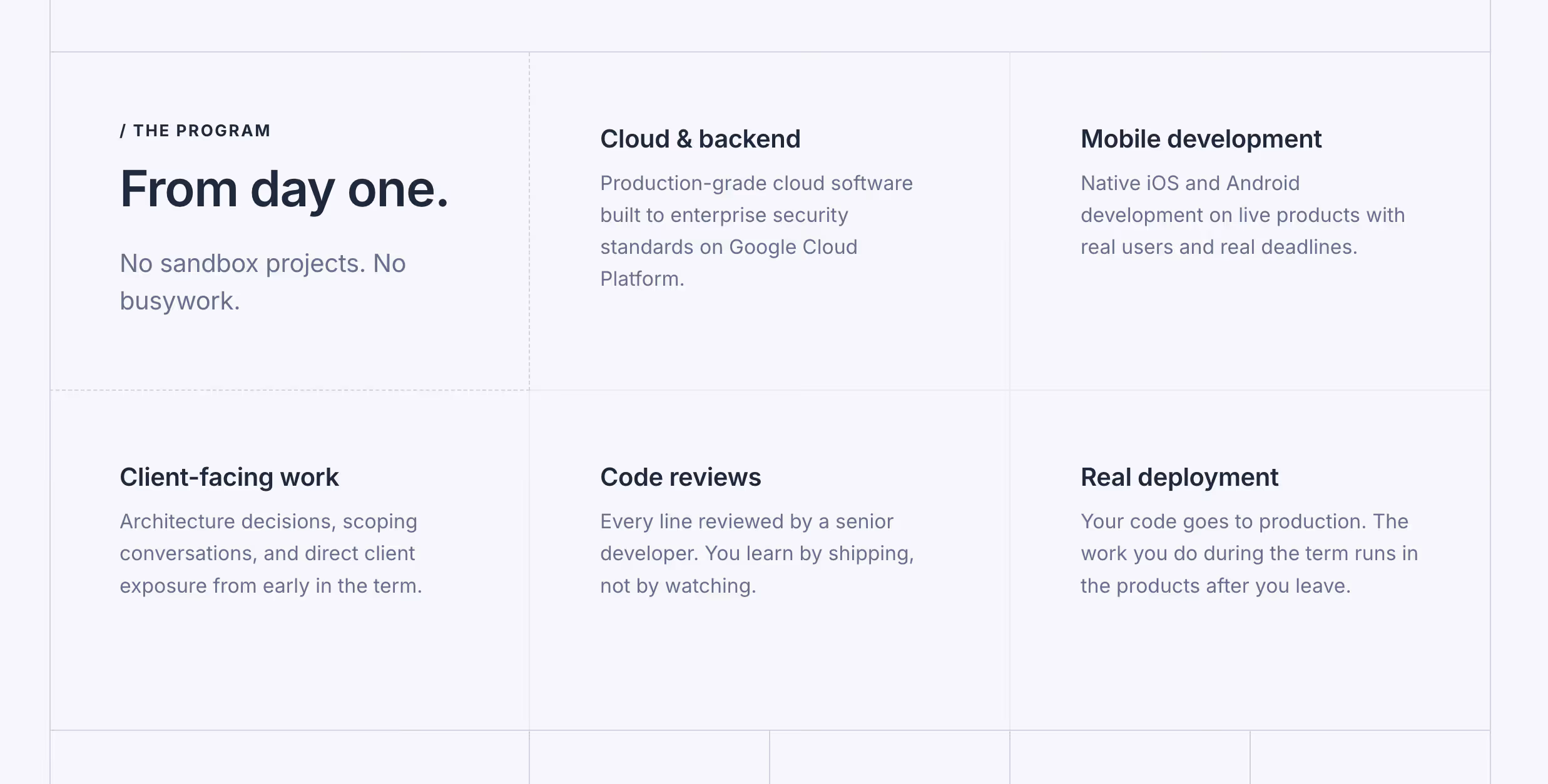 "From day one" program details: cloud backend, mobile development, client work, code reviews, real deployment.