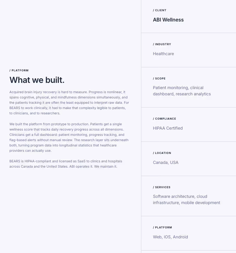 Text describing ABI Wellness platform's brain injury recovery tools, compliance, services, and location.