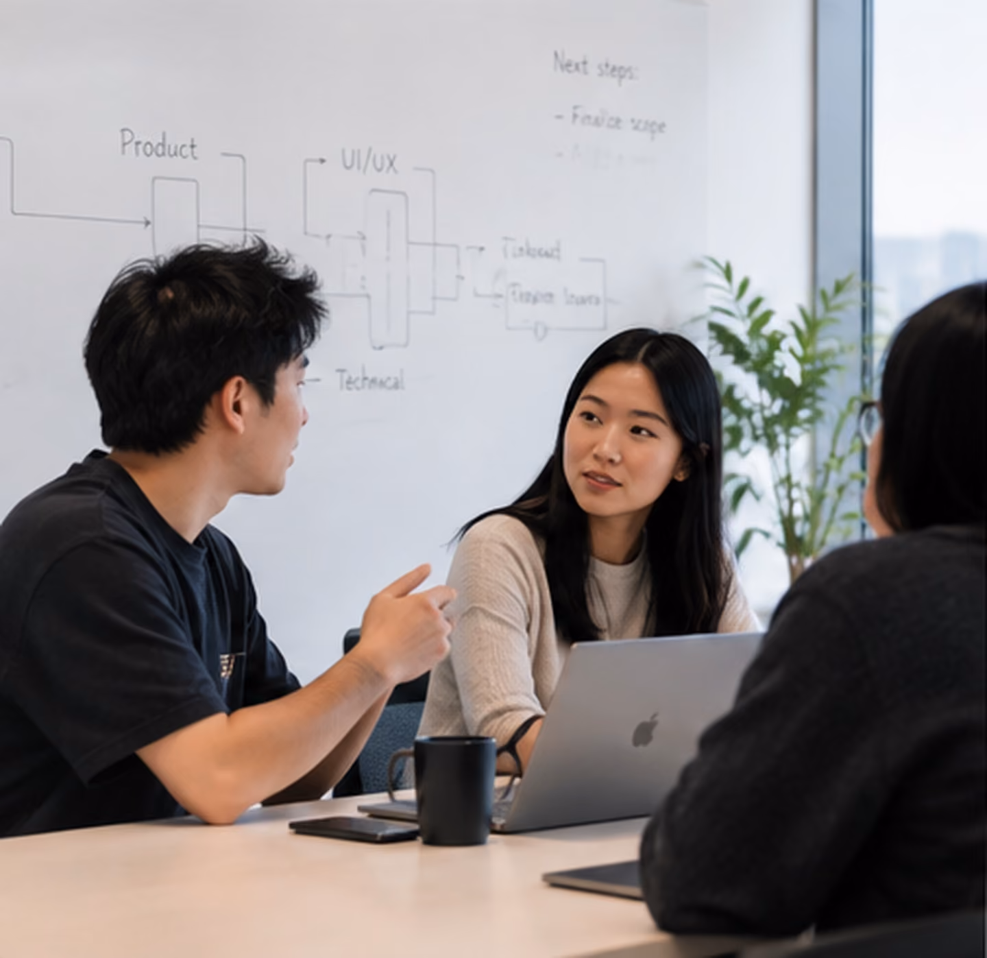 Three people engaged in a discussion around a table with laptops and a coffee mug, in front of a whiteboard with diagrams and text.