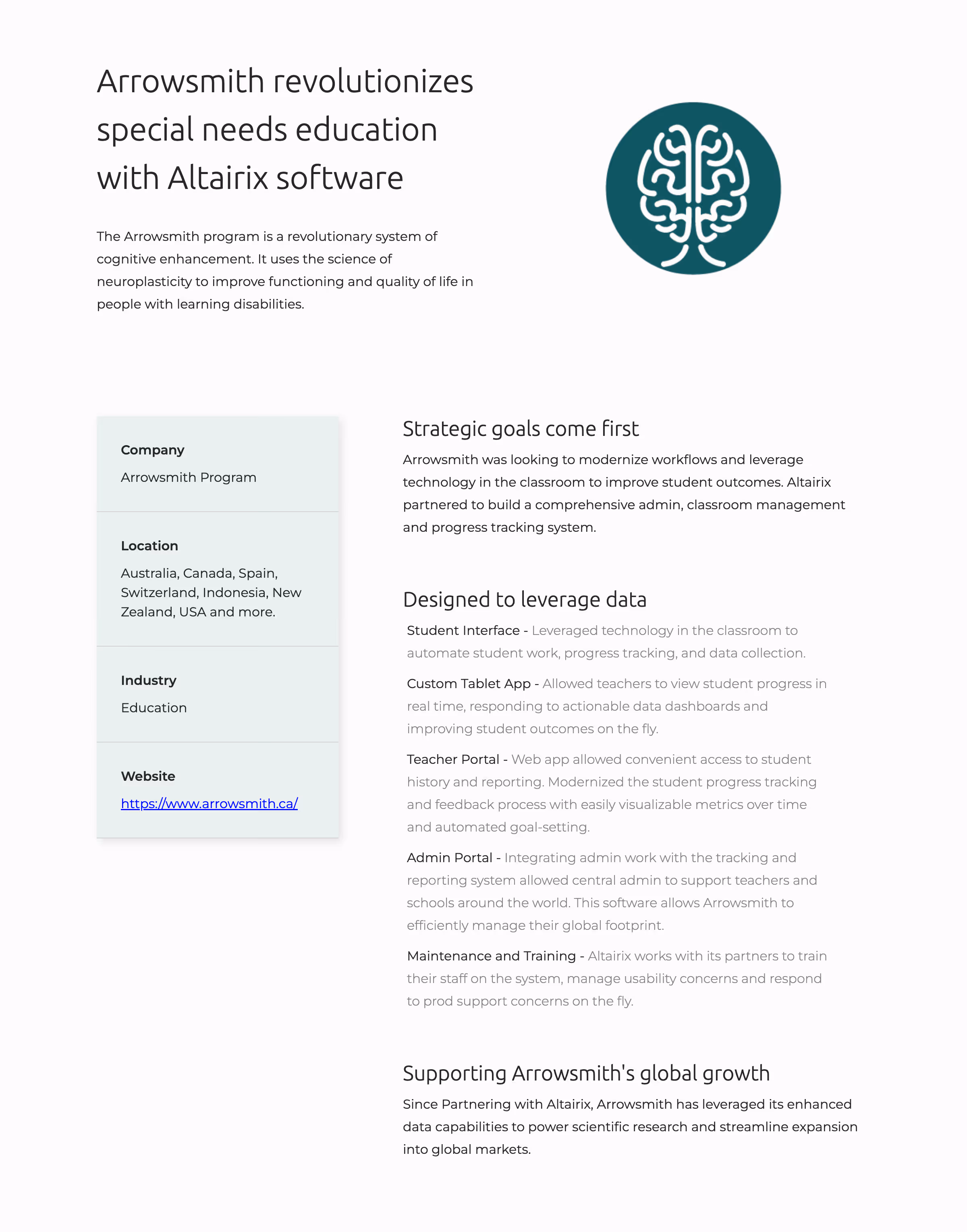Arrowmsith's cognitive enhancement program uses Altairix software to improve special needs education worldwide.