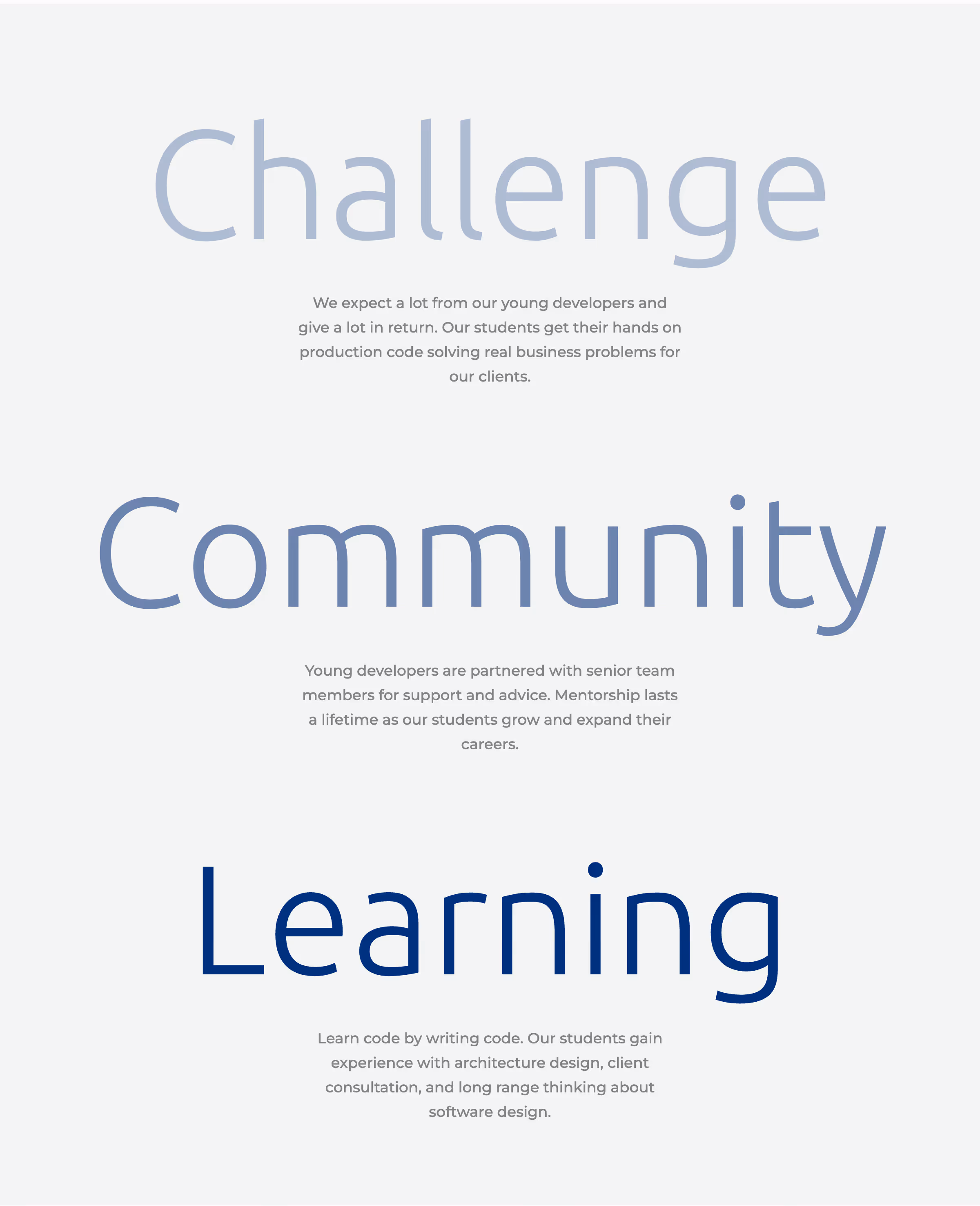 Text emphasizing challenge, community, and learning with descriptions of student developer growth and mentorship.