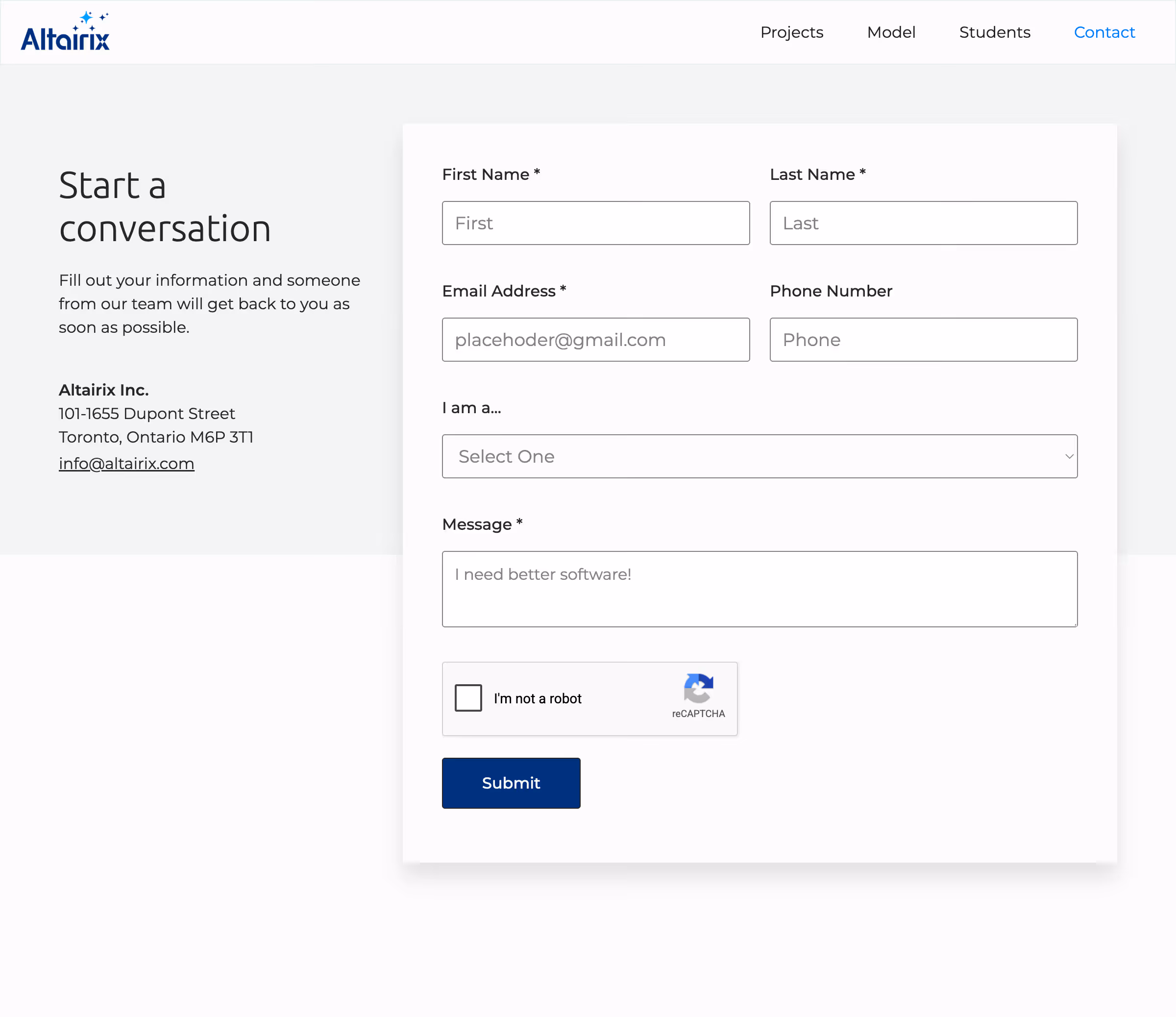 Contact form with fields for name, email, phone, role, message, reCAPTCHA, and submit button on Altairix site.