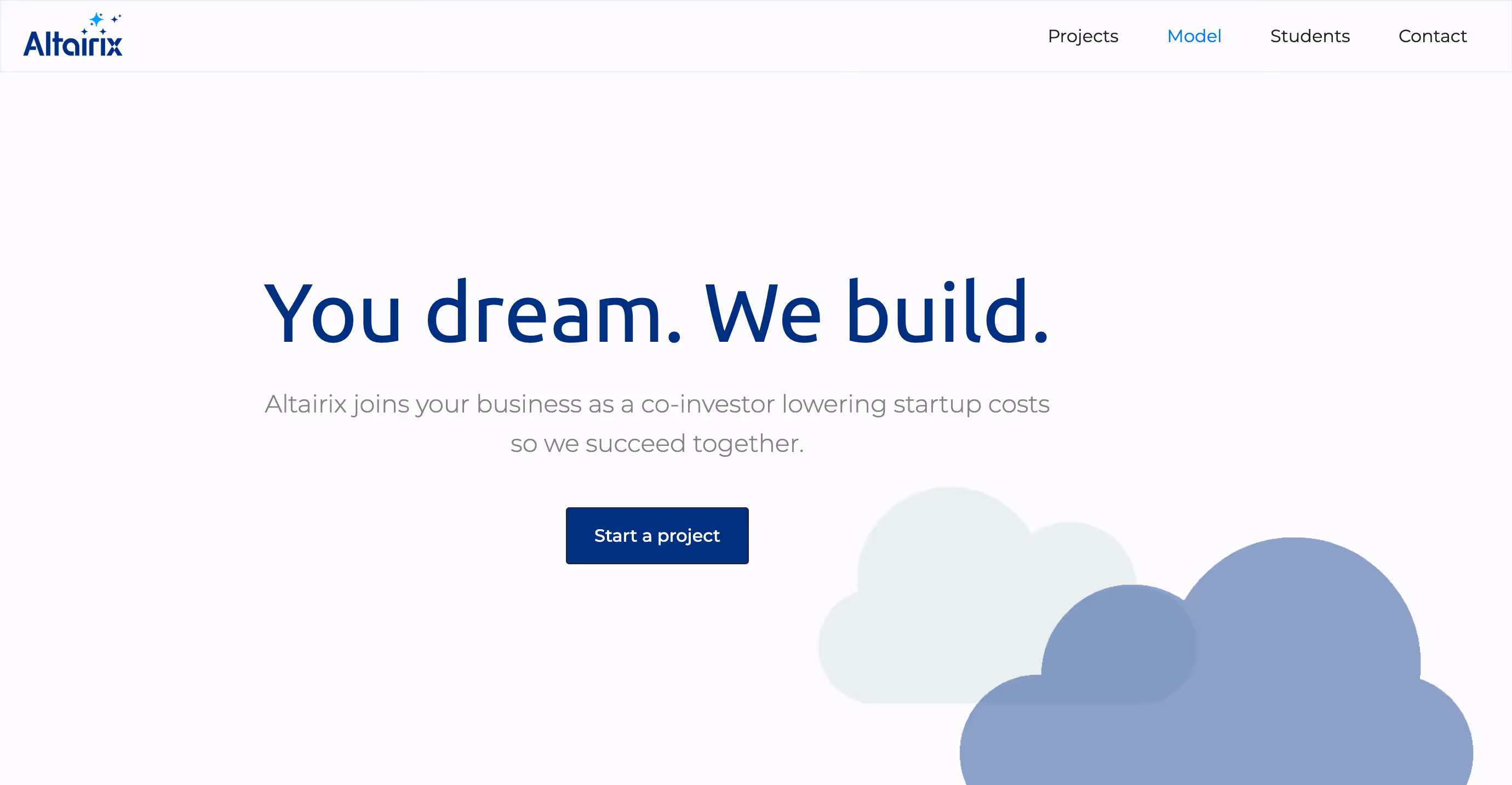 Altairix homepage banner: You dream. We build. Button says Start a project. Blue clouds graphic.