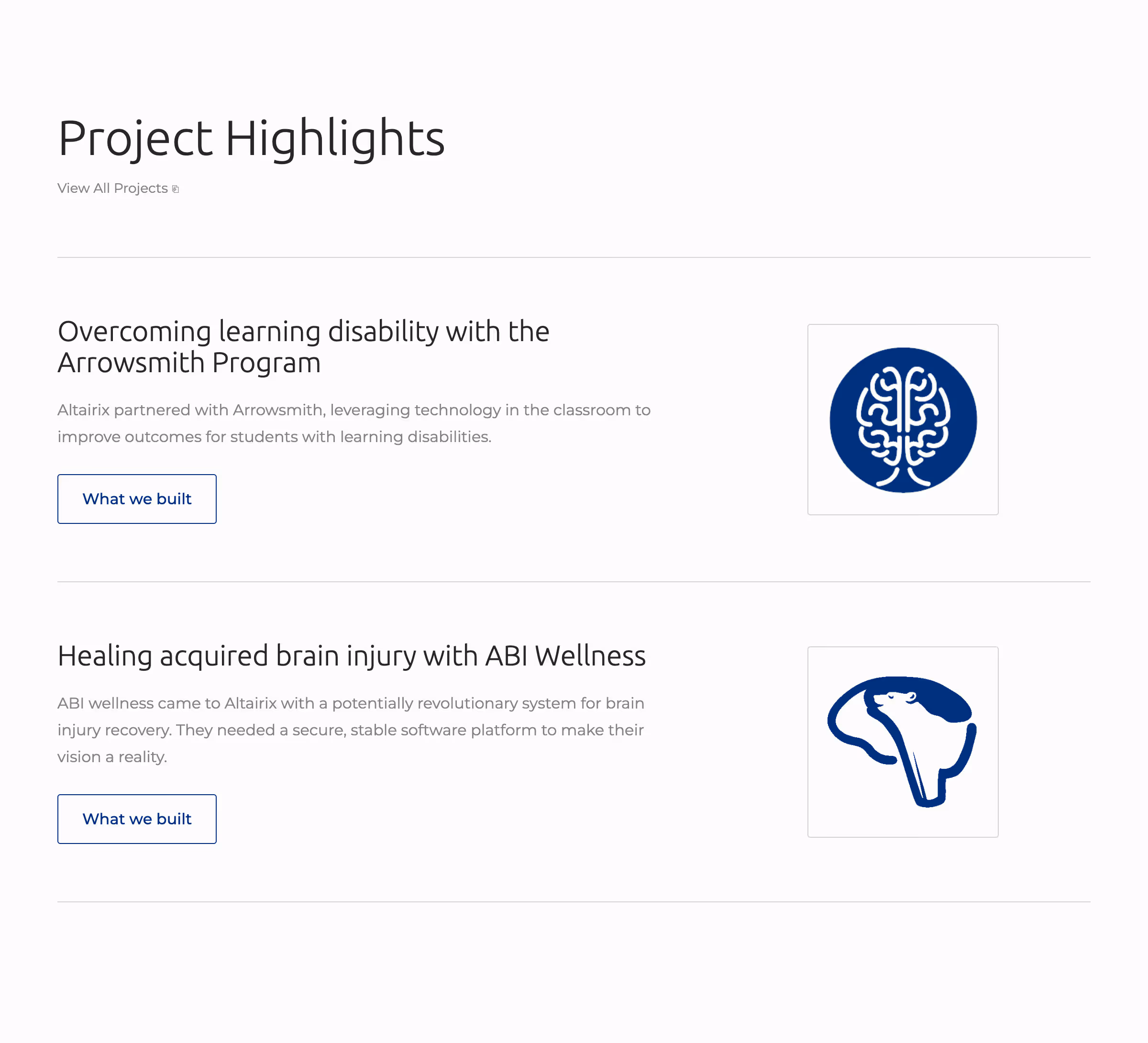 Webpage section showing project highlights with two projects on learning disability and brain injury recovery.