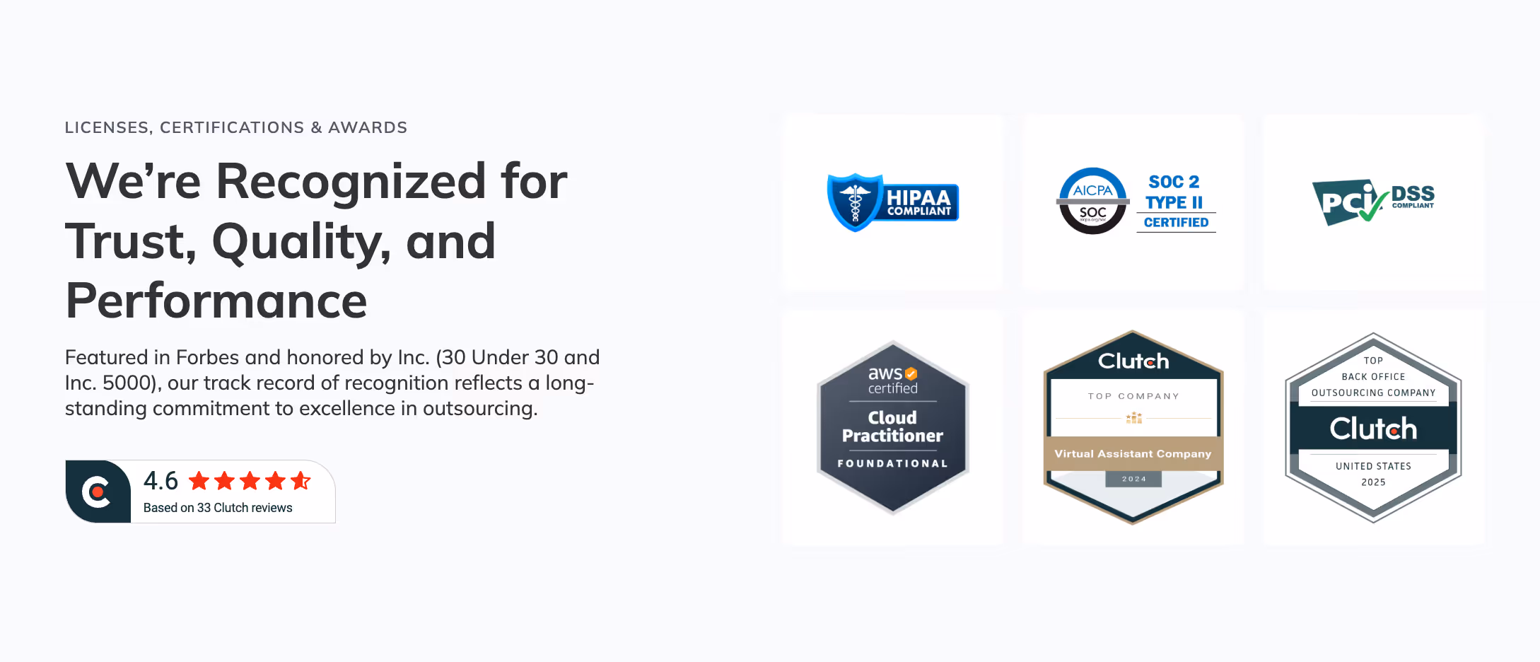 Section highlighting trust, quality, and performance recognition.