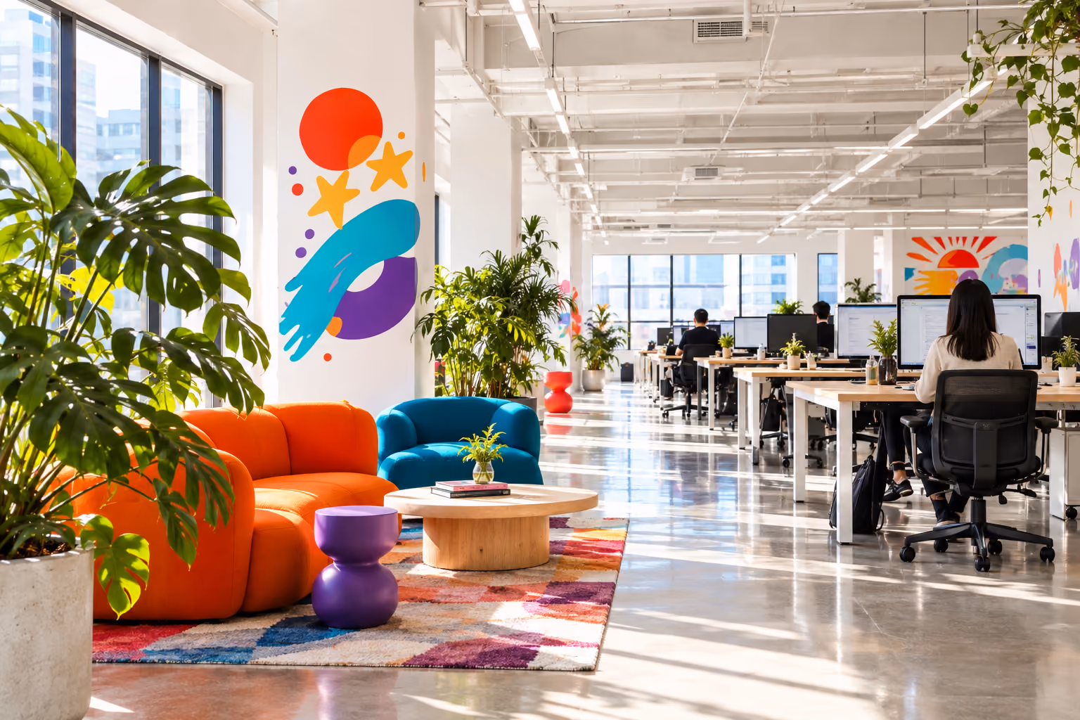 Bright, modern office space with large windows letting in sunlight, colorful seating area with orange and teal couches, purple stool, a round wooden table on a multicolored rug, and green plants. Rows of desks with computers and people working extend into the background, with vibrant wall art adding color to the white walls and ceiling.