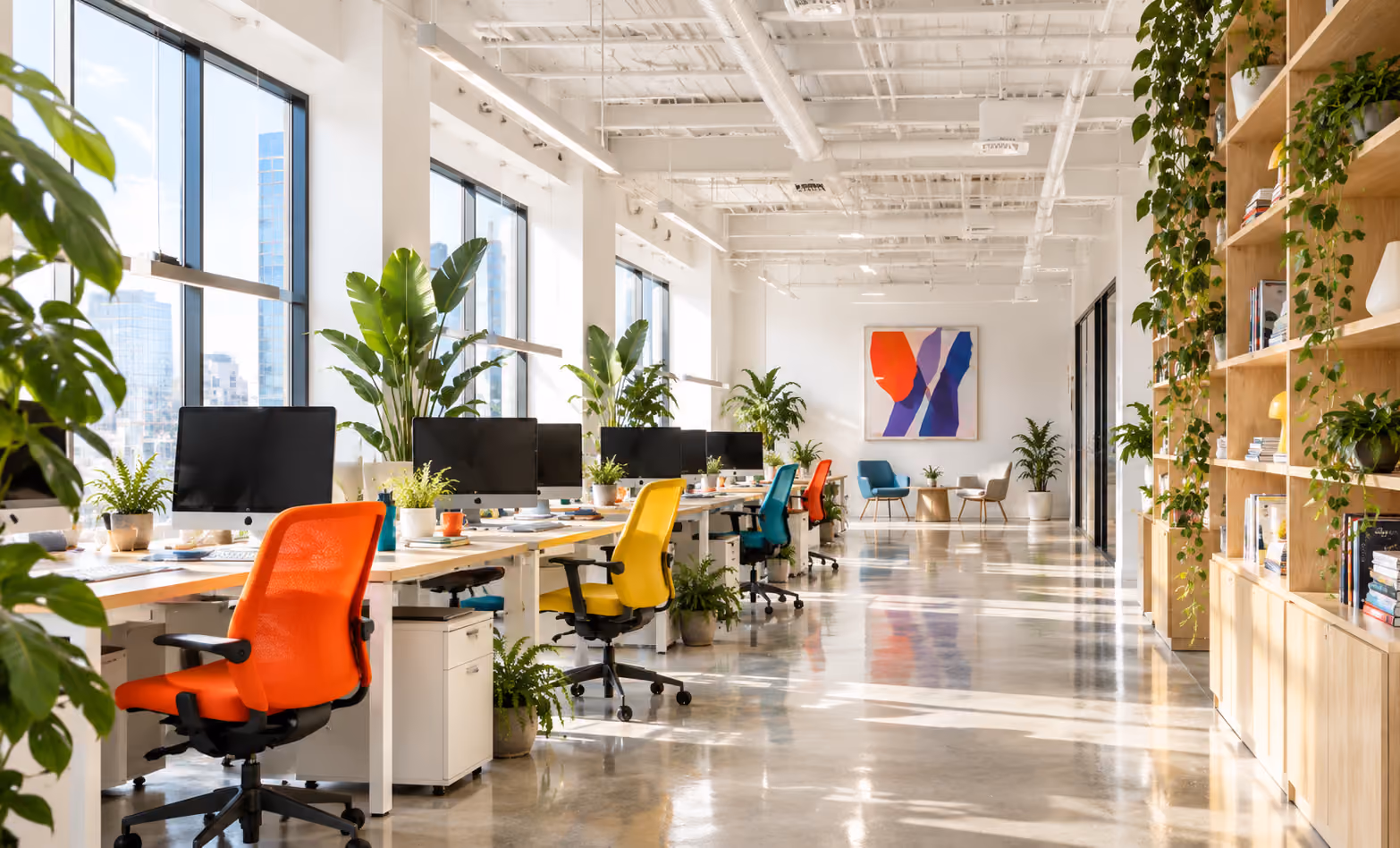 Bright modern office interior with rows of desks and colorful ergonomic chairs in orange, yellow, and blue, each desk equipped with monitors and surrounded by numerous potted plants, large windows along one side, and wood shelving filled with books and plants on the right wall.