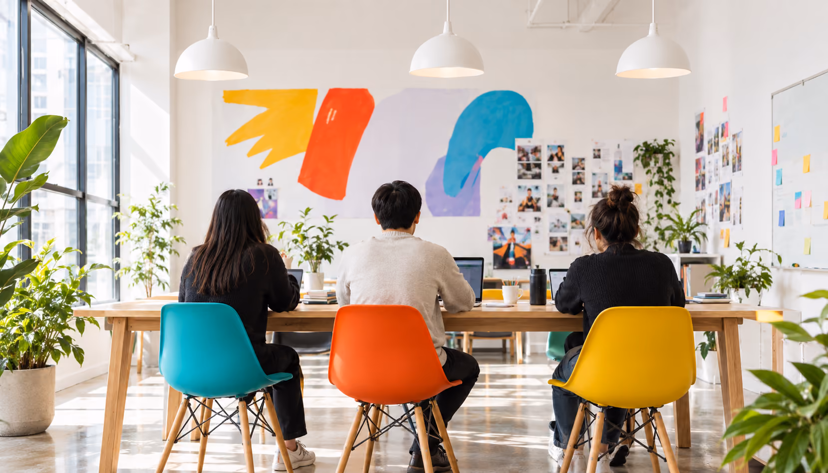 Three people seated at a wooden table in a bright, modern workspace with large windows and colorful abstract art on the wall, working on laptops.
